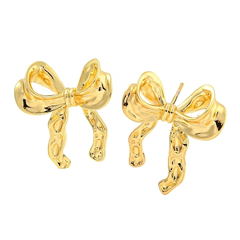 Rack Plating Brass Stud Earrings, Long-Lasting Plated, Lead Free & Cadmium Free, Bowknot, Real 18K Gold Plated, 27.5x24mm