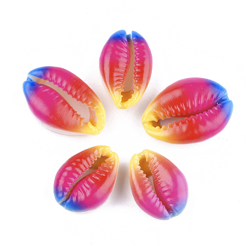 Printed Cowrie Shell Beads, No Hole/Undrilled, Camellia, 20~25x13~17x7~8mm