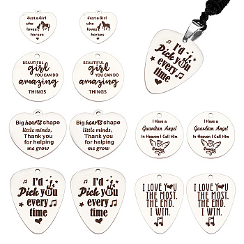 12Pcs 6 Styles 201 Stainless Steel Pendants, Heart & Flat Round & Guitar Pick with Word Charm, Laser Cut, Stainless Steel Color, 22.5~38x24.5~25x1.5mm, Hole: 1.6~2.2mm, 2pcs/style