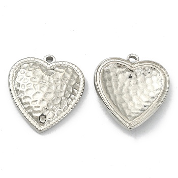 304 Stainless Steel Pendants, Textured Heart Charm, Stainless Steel Color, 16.6x15.2x2.7mm, Hole: 1mm