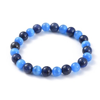Natural Lapis Lazuli(Dyed) Stretch Bracelets, with Cat Eye Round Beads, 2-3/8 inch(6cm)