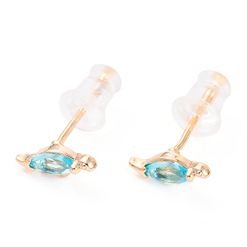 Cute Light Gold Plated Brass Stud Earrings, with Cubic Zirconia and Ear Nuts, Dinosaur, Sky Blue, 3x8.5mm, Pin: 0.7mm