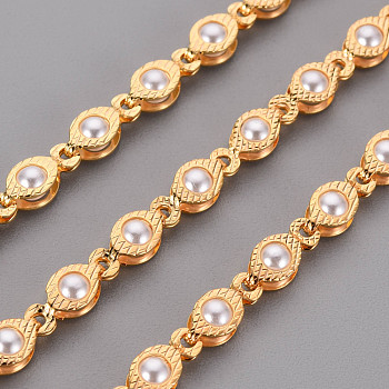 Handmade Brass Beaded Chains, with ABS Plastic Imitation Pearl Beads, Soldered, with Spool, Real 18K Gold Plated, 8.5x4x3mm, about 16.4 Feet(5m)/roll