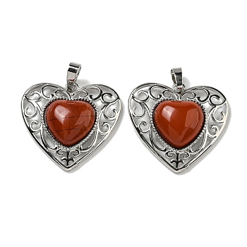 Natural Red Jasper Peach Love Heart Pendants, Rack Plating Brass Hollow Heart Charms, Cadmium Free & Lead Free, 29.5x30.5x7.5mm, Hole: 7.5x5mm