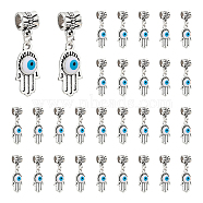 30Pcs Antique Silver Plated Alloy European Dangle Charms, Large Hole Pendants, with Enamel, Hamsa Hand/Hand of Miriam with Evil Eye, White, 31mm, Hamsa Hand: 21x11x3mm, Hole: 5mm(FIND-DC0002-93)