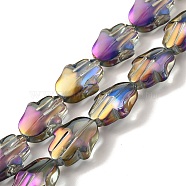 Transparent Electroplate Glass Beads Strands, Half Rainbow Plated, Hamsa Hand, Purple, 17.8x13.5x7.5mm, Hole: 1.3mm, about 40pcs/strand, 27.95 inch(71cm)(EGLA-F159-HR03)