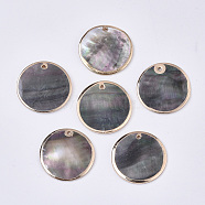 Natural Black Lip Shell Pendants, with Brass Findings, Edge Golden Plated, Flat Round, Gray, 25x1.5~2.5mm, Hole: 1.5mm(X-SSHEL-T012-02)