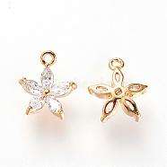 Brass Cubic Zirconia Charms, Nickel Free, Real 18K Gold Plated, Flower, 11x9x3mm, Hole: 1mm(KK-Q669-28G)