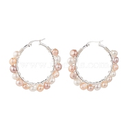 Natural Pearl Wire Wrapped Beaded Hoop Earrings for Women, Silver, Seashell Color, 42x45x8mm, Pin: 0.8mm(EJEW-JE04759-03)