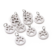 304 Stainless Steel Pendants, Flat Round with Dog Paw Prints, Stainless Steel Color, 14x12x1.1mm, Hole: 4mm(STAS-Q201-T455S)