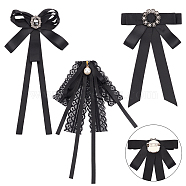 3pcs 3 Styles Polyester Ribbon Bowknot Brooch, Rhinestone Flower & Imitation Pearl Bow Tie Neck Tie Lapel Pin for Women, Black, 155~215x95~152x15~21.5mm, 1Pc/style(AJEW-BC0004-25)