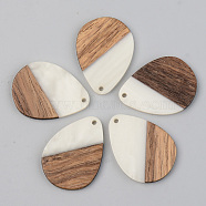 Opaque Resin & Walnut Wood Pendants, Teardrop, Floral White, 35.5x26x3mm, Hole: 2mm(RESI-S389-010A-C04)