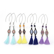 Tassels Dangle Earrings, with Natural Gemstone Beads, Seed Beads and Stainless Steel Findings, Mixed Color, 120mm, Pendants: 75x13x5m, Pin: 0.9mm(EJEW-JE02836-M)