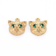 Brass Micro Pave Green Cubic Zirconia Charms, Nickel Free, Cat, Real 18K Gold Plated, 12.5x12.5x6mm, Hole: 1.5mm(KK-S356-470-NF)
