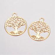 Brass Filigree Pendants, Flat Round with Tree of Life, Golden, 23.5x20x0.5mm, Hole: 3mm(KK-D522-09G)