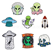 8pcs 8 style Alien Theme Enamel Pins, Alloy Enamel Brooches for Backpack Clothes, Mixed Shape, Mixed Color, 10~43x12.5~34x9~11mm, 1pc/style(JEWB-SK0001-01)