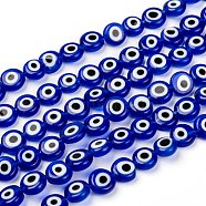 Handmade Evil Eye Lampwork Flat Round Bead Strands, Blue, 8x3.2mm, Hole: 1mm, about 49pcs/strand, 14.56 inch(LAMP-L058-8mm-04)