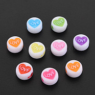 Craft Style Acrylic Beads, Flat Round with Heart & Word Love, Mixed Color, 9.5x5mm, Hole: 2mm, 200pcs/box(MACR-SZ0001-74)