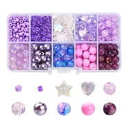 DIY Beads Jewelry Making Finding Kit, Including Imitation Gemstone & Crackle & Heart & Star & Round Acrylic & Glass Beads, Purple, 4~10x3~8mm, Hole: 1~2mm, 706Pcs/box(DIY-YW0005-84B)