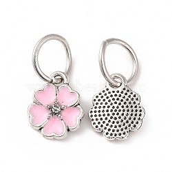 Enamel Style Flower Alloy Rhinestone Charms, with Iron Findings, Antique Silver, Pink, 13.5x11x3mm, Hole: 6mm(ENAM-S085-07)