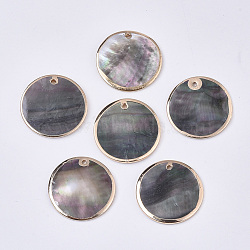 Natural Black Lip Shell Pendants, with Brass Findings, Edge Golden Plated, Flat Round, Gray, 25x1.5~2.5mm, Hole: 1.5mm(X-SSHEL-T012-02)