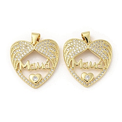 Mother's Day Theme Rack Plating Brass Micro Pave Cubic Zirconia Pendants, Long-Lasting Plated, Lead Free & Cadmium Free, Heart, 21x20.5x3.5mm, Hole: 5x3mm(KK-F869-20G-02)