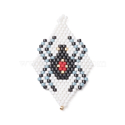 Handmade Loom Pattern Seed Beads, Rhombus with Spider Pendants, White and Black, 42x26.5x1.5mm, Hole: 1.5mm(PALLOY-MZ00141)