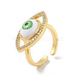 Cubic Zirconia Horse Eye Open Cuff Ring with Acrylic, Real 18K Gold Plated Brass Jewelry for Women, Cadmium Free & Lead Free, Lawn Green, US Size 6(16.5mm)(RJEW-B042-02G-03)