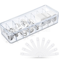 Rectangle Plastic Cable Organizer Storage Boxes, 8-Grid Adjustable Dividers Boxes with Lid and 10Pcs Wire Ties, for Desk Management, Clear, 26x10x6cm(PW-WG97164-01)