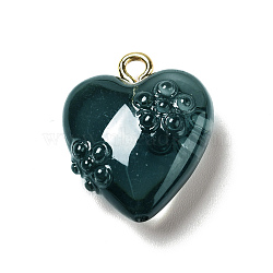 Transparent Resin Pendants, with Golden Tone Iron Loops, Heart with Flower, Dark Slate Gray, 20x17x8.5mm, Hole: 2mm(RESI-G037-01E)