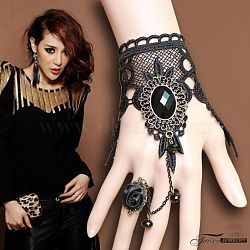 Gothic Style Retro Alloy Lace Flower Link Rings Bracelets for Women, Black, No Sise(WG15940-10)