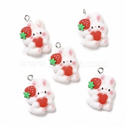 Resin Pendants, with Platinum Iron Findings, Cute, Rabbit with Strawberry, White, 26.5x17.5x7.5mm, Hole: 2mm(X-RESI-M026-11)