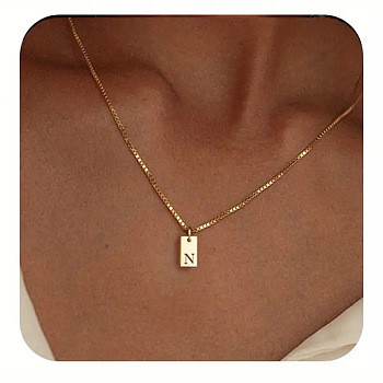 304 Stainless Steel Box Chain Necklaces, 201 Stainless Steel Rectangle Initial Pendant Necklaces for Women Ion Plating(IP),  Real 18K Gold Plated, Letter N, 15.75 inch(40cm)