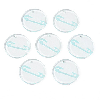 Transparent Resin Pendants, with Glitter Powder, Flat Round with Pin, Pale Turquoise, 24.5x2.5~3mm, Hole: 1.4mm