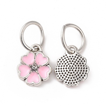 Enamel Style Flower Alloy Rhinestone Charms, with Iron Findings, Antique Silver, Pink, 13.5x11x3mm, Hole: 6mm