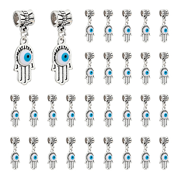 30Pcs Antique Silver Plated Alloy European Dangle Charms, Large Hole Pendants, with Enamel, Hamsa Hand/Hand of Miriam with Evil Eye, White, 31mm, Hamsa Hand: 21x11x3mm, Hole: 5mm