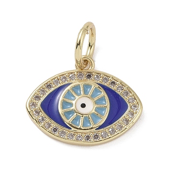 Real 18K Gold Plated Brass Micro Pave Cubic Zirconia Pendants, with Enamel and Jump Ring, Evil Eye, 13.5x17x2mm, Hole: 4mm