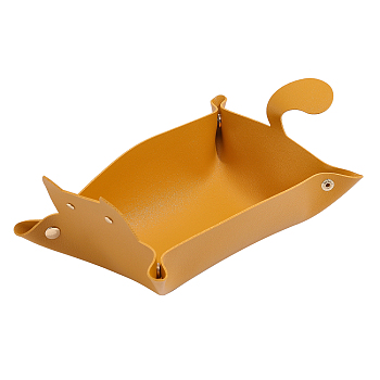 Leather Cartoon Cat Shape Cosmetics Jewelry Plate, Storage Tray for Small Desktop Object, Goldenrod, 195x128x86mm