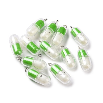 Translucent Plastic Pendants, Pill Capsule Charm, with Platinum Tone Iron Loops, Green, 29x10.5mm, Hole: 2mm
