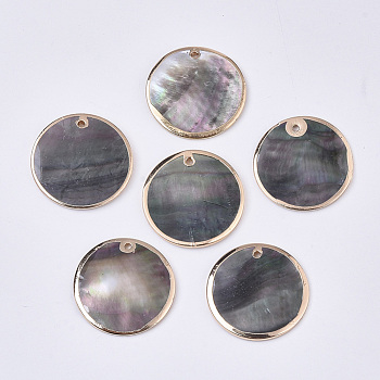 Natural Black Lip Shell Pendants, with Brass Findings, Edge Golden Plated, Flat Round, Gray, 25x1.5~2.5mm, Hole: 1.5mm