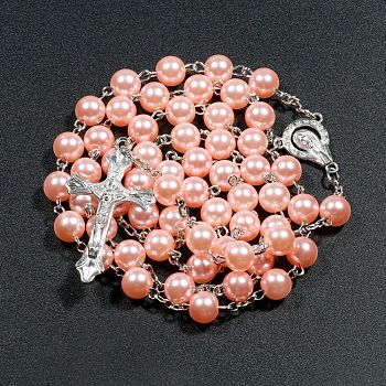 Plastic Imitation Pearl Rosary Bead Necklace for Easter, Alloy Crucifix Cross Pendant Necklace with Iron Chains, Light Salmon, 27.56 inch(70cm)