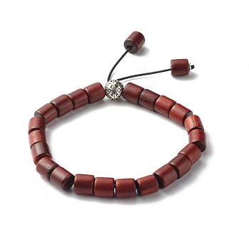 Waxed Wooden Column Beads Stretch Bracelet for Men Women, Tibetan Style Alloy Round Beads Bracelet with Tassel, Saddle Brown, Inner Diameter: 2-1/4 inch(5.7cm)