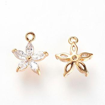 Brass Cubic Zirconia Charms, Nickel Free, Real 18K Gold Plated, Flower, 11x9x3mm, Hole: 1mm