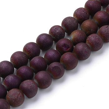 Electroplated Natural Druzy Geode Agate Bead Strands, Matte Style, Round, Purple Plated, 10~11mm, Hole: 1mm, about 37~39pcs/strand, 14.9~15.5 inch