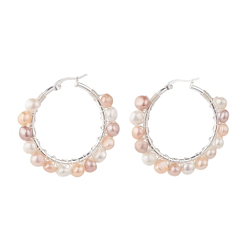 Natural Pearl Wire Wrapped Beaded Hoop Earrings for Women, Silver, Seashell Color, 42x45x8mm, Pin: 0.8mm