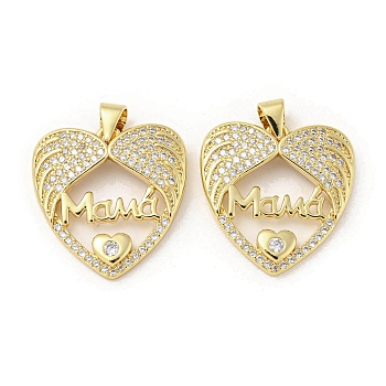 Mother's Day Theme Rack Plating Brass Micro Pave Cubic Zirconia Pendants, Long-Lasting Plated, Lead Free & Cadmium Free, Heart, 21x20.5x3.5mm, Hole: 5x3mm