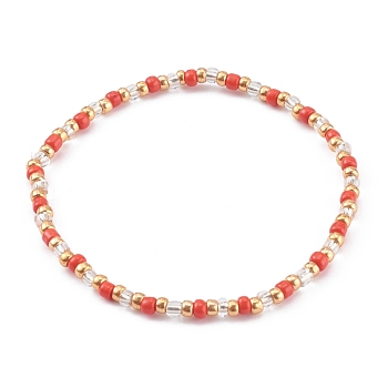 Round Opaque Colours Glass Seed Beads Stretch Bracelets, Red, Inner Diameter: 2-1/8 inch(5.5cm)