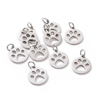 304 Stainless Steel Pendants, Flat Round with Dog Paw Prints, Stainless Steel Color, 14x12x1.1mm, Hole: 4mm