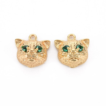 Brass Micro Pave Green Cubic Zirconia Charms, Nickel Free, Cat, Real 18K Gold Plated, 12.5x12.5x6mm, Hole: 1.5mm