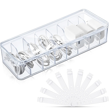 Rectangle Plastic Cable Organizer Storage Boxes, 8-Grid Adjustable Dividers Boxes with Lid and 10Pcs Wire Ties, for Desk Management, Clear, 26x10x6cm